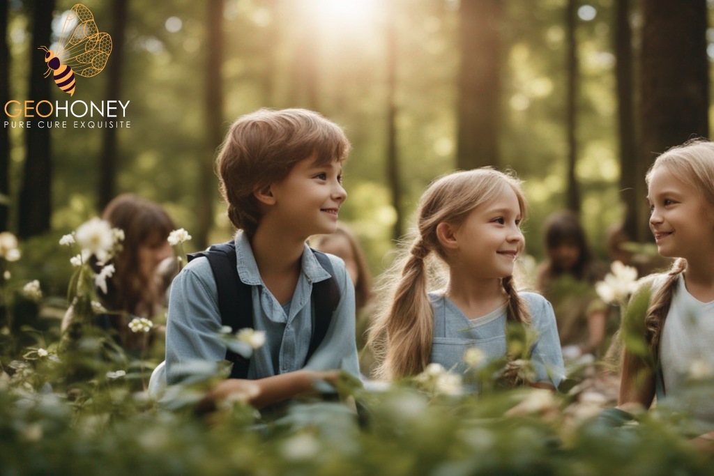 Children engaged in outdoor learning at a forest school, surrounded by trees, flowers, and nature. The learning environment.